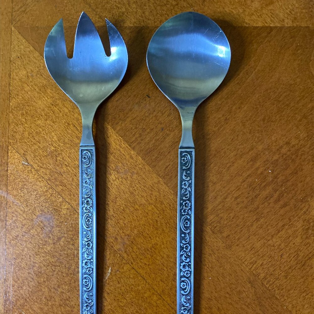Oneida Vintage Custom Stainless Steel Japan 11'' Salad Serving Set of 2